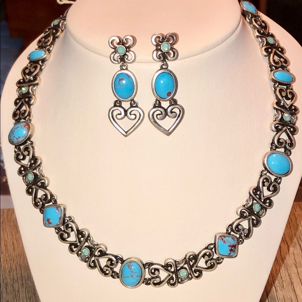 Silver Tone Turquoise Necklace and Earring Set